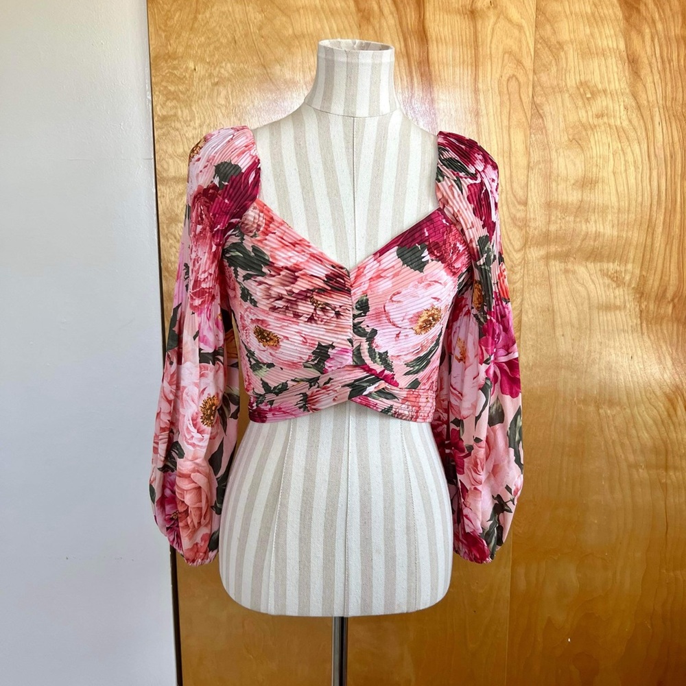Express women’s faux wrap floral crop top with bell sleeves
